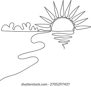 Dibujo de una sola línea de la puesta de sol sobre el agua con nubes.