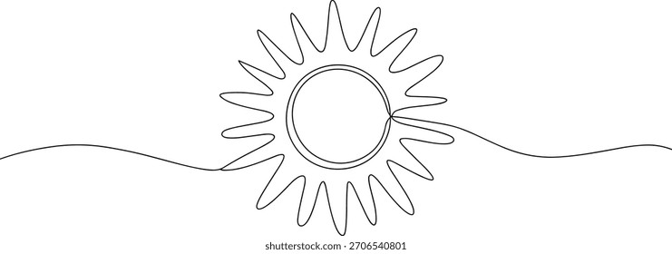 Single line drawing of a sun with wavy rays and horizon