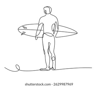 
Single Line Drawing of Surfer Holding Surfboard