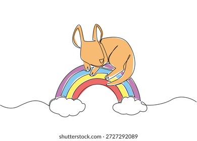 Dibujo de una sola línea de canguro marrón dulce que descansa su cabeza en un arco arco iris, descansando cómodamente entre la nube suave y esponjosa. Concepto de Naturaleza para animales salvajes lindos, ideal para la celebración del Día de Australia