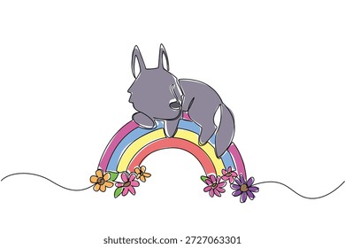 Dibujo de una sola línea de dulce cachorro de lobo gris descansando pacíficamente en un arco arco iris vibrante y multicolor decorado con flores de primavera. adorable lobo descansa pacíficamente, concepto de naturaleza para la decoración del vivero