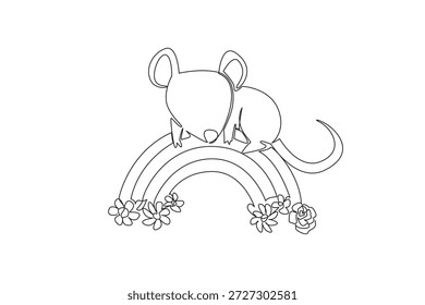 Single line drawing of sweet rat lying down on a rainbow decorated with colorful blooming flowers. nature concept for cute pet animal, perfect for kids' room decor and World Rat Day celebration