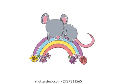Single line drawing of sweet rat lying down comfortably on top of vibrant rainbow arc decorated with blooming meadow flower. Nature concept for cute pet, perfect for kids room decor and World Rat Day