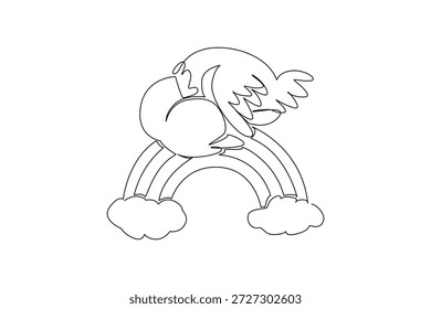 Single line drawing of tall and lovable ostrich napping its head comfortably on a rainbow arc, resting between two soft, white clouds. Nature concept for cute bird, unique for kids room wall art