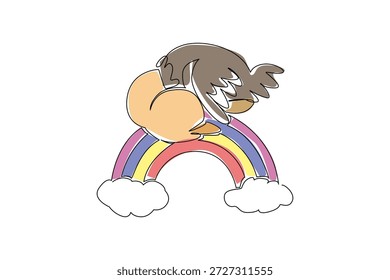 Dibujo de una sola línea de avestruz marrón alto y adorable que duerme cómodamente en un arco arco iris vibrante que descansa entre dos nubes blancas suaves Concepto de la naturaleza para el pájaro gigante lindo, único para el arte de la habitación de los niños