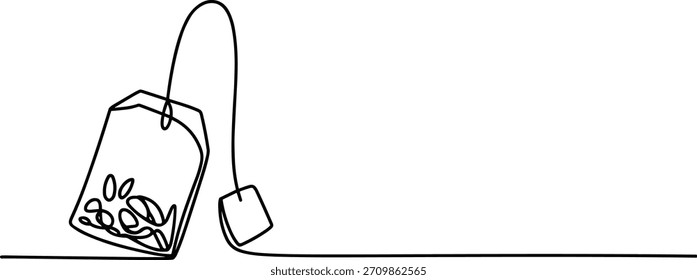 Desenho de linha única de um saco de chá com corda e tag