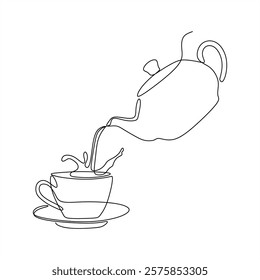 Single line drawing a tea pot pouring hot tea into a cup. Artistic hot drink logo. Hand drawing. 