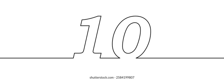 A single line drawing of a ten symbol. One line icon. Continuous line tenth number icon. Vector illustration.