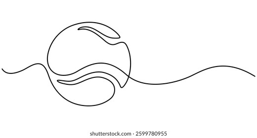 Single line drawing of tennis ball. equipment one continuous line art, Tennis ball continuous line. Continuous one line drawing tennis ball. Sport concept, Illustration of tennis ball moving.