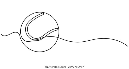 Single line drawing of tennis ball. equipment one continuous line art, Tennis ball continuous line. Continuous one line drawing tennis ball. Sport concept, Illustration of tennis ball moving.