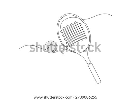 Single line drawing of tennis racket and tennis ball. Tennis and padel sport logo.