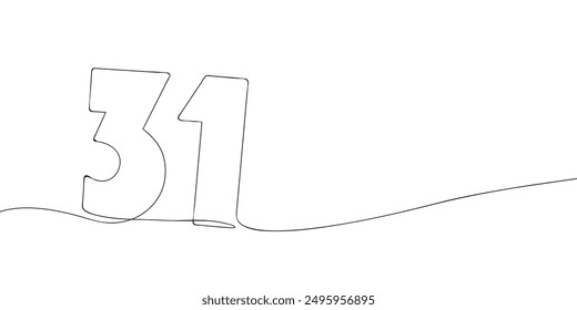 A single line drawing of a thirty one symbol. Continuous line thirty first number icon. One line icon. Vector illustration.