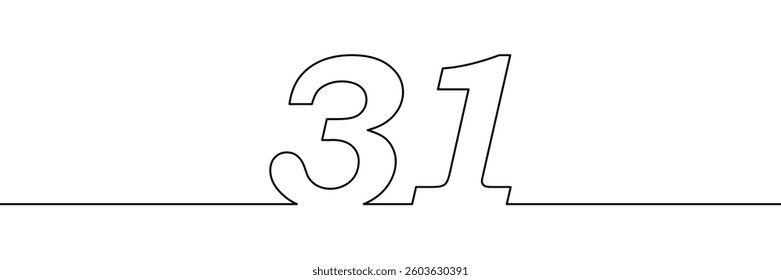 A single line drawing of a thirty one symbol. One line icon. Continuous line thirty first number icon. Simple black outline of the number 31. Vector illustration.