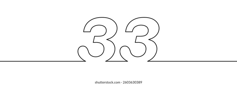 A single line drawing of a thirty three symbol. One line icon. Continuous line thirty third number icon. Simple black outline of the number 33. Vector illustration.