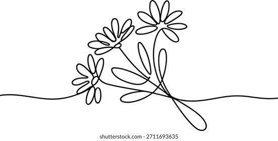 Dibujo de una sola línea de tres margaritas sobre fondo blanco