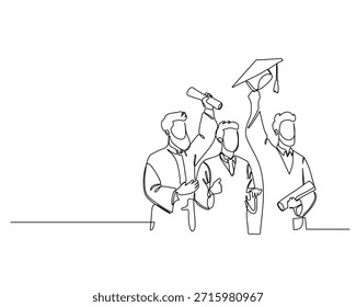 desenho em linha única de três diplomados titulares de diplomas, um elevando um limite. Imagine um sucesso, orgulho e realização acadêmica. Ideal para temas de educação e design inspirador