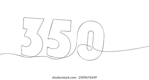 A single line drawing of a three hundred and fifty symbol. Continuous line three hundred and fiftieth number icon. One line icon. Vector illustration.