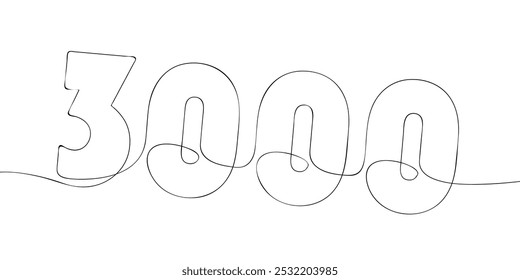 A single line drawing of a three thousand symbol. Continuous line three thousandth number icon. One line icon. Vector illustration.