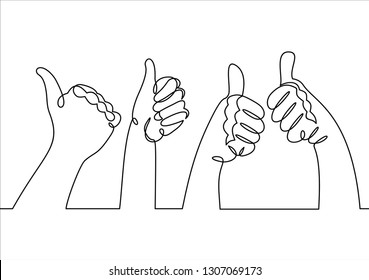 Single Line Drawing Of Thumbs Up. Business Group Continuous Line Draw Vector Illustration