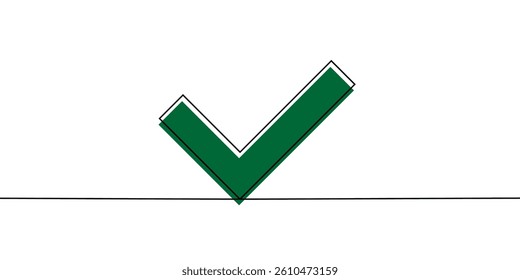 A single line drawing of a tick. A green check mark drawn in a continuous line style, outlined with black. Continuous line tick icon. Vector illustration