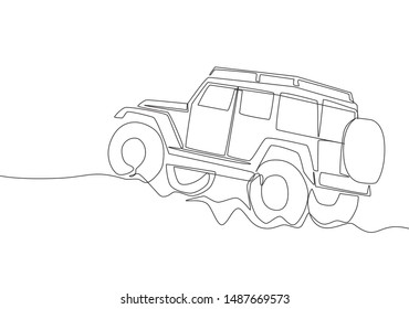 Single line drawing of tough 4x4 speed jeep wrangler car. Adventure offroad rally vehicle transportation concept. One continuous line draw design