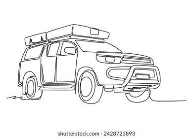 Single line drawing of tough 4x4 speed jeep wrangler car. Adventure offroad rally vehicle transportation concept. One continuous line draw design svg