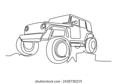 Single line drawing of tough 4x4 speed jeep wrangler car. Adventure offroad rally vehicle transportation concept. One continuous line draw design svg