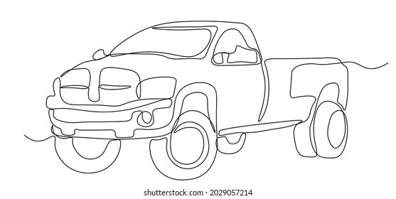 Single Line Drawing Of Tough Pickup Truck Car. One Continuous Line Draw Design