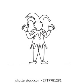 Un dibujo de una sola línea de un bufón tradicional con los brazos extendidos