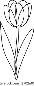 Dibujo de una sola línea de una flor de tulipán con hojas de línea de arte