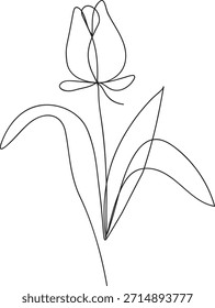 Desenho de linha única de uma flor de tulipa com folhas linha arte 1