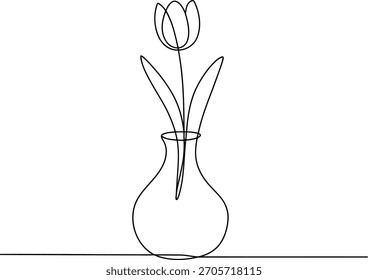 Dibujo de una sola línea de un tulipán en un jarrón sobre un fondo blanco flor línea continua 1