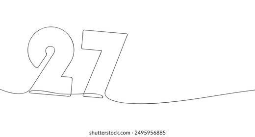 A single line drawing of a twenty seven symbol. Continuous line twenty seventh number icon. One line icon. Vector illustration.
