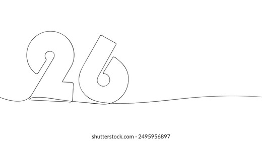 A single line drawing of a twenty six symbol. Continuous line twenty sixth number icon. One line icon. Vector illustration.