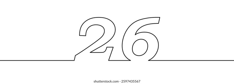A single line drawing of a twenty six symbol. One line icon. A continuous line twenty sixth number icon. Vector illustration.
