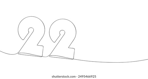 A single line drawing of a twenty two symbol. Continuous line twenty second number icon. One line icon. Vector illustration.