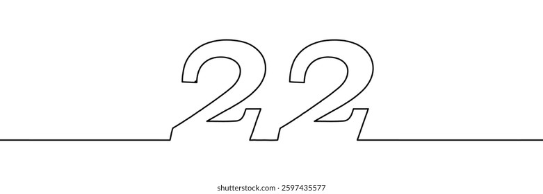 A single line drawing of a twenty two symbol. One line icon. A continuous line twenty second number icon. Vector illustration.