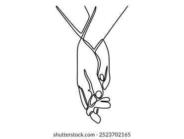 Single line drawing of two hands holding each other. A clean representation of friendship and cooperation. Vector illustration.