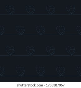 Single line drawing two hearts Seamless pattern, Vector minimalist continuous line on dark blue background