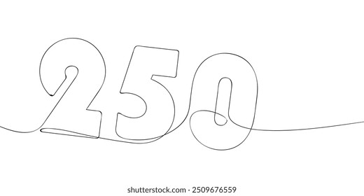 A single line drawing of a two hundred and fifty symbol. Continuous line two hundred and fiftieth number icon. One line icon. Vector illustration.