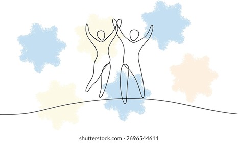 Single Line Drawing Two People Celebrating with Arms Raised Abstract Shapes celebration