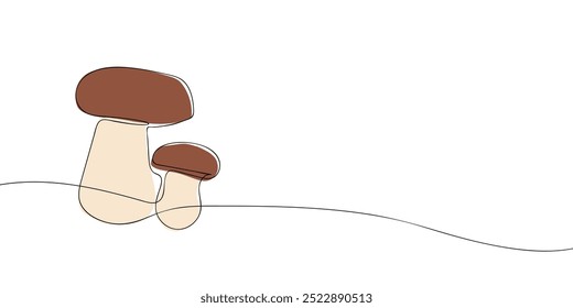 A single line drawing of a two white mushroom. Continuous line thanksgiving icon in color. One line icon. Vector illustration.