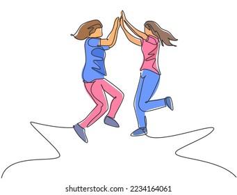 Single line drawing of two young happy women jumping and giving high five gesture to celebrate business successful. Friendship concept continuous line draw design graphic vector illustration