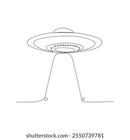 Single line drawing of UFO. Simple Minimalist continuous illustration of alien spaceship.