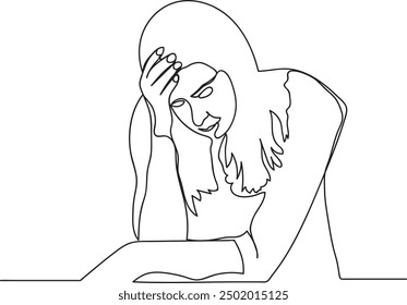 Single line drawing of an upset woman, vector art illustration of a seated woman holding her head because she has a headache.