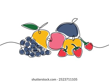 Desenho de linha única de uma variedade de frutas frescas. Design de alimentos minimalista e saudável. Ilustração vetorial.