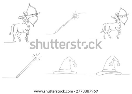 Single line drawing vector collection of magical objects and fantasy symbols. Enchanted items, spellcasting tools, fantasy castles.