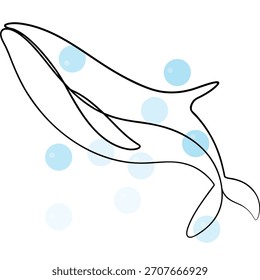 Dibujo de una sola línea de una ballena con burbujas sobre fondo blanco