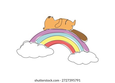 Einzeilige Zeichnung von skurrilen Builder braunen Biber entspannen in Rückenlage auf lebendigen Regenbogen Bogen zwischen zwei weichen, weißen Wolken. Naturkonzept Fluss Tier Thema für den Internationalen Bibertag