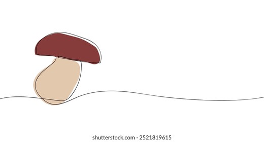 Um desenho de uma única linha de um cogumelo branco. Linha contínua ícone de ação de graças em cores. Ícone de uma linha. Ilustração vetorial.